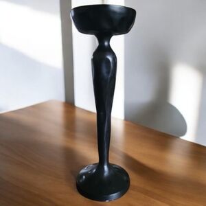 1 Vtg Tall Metal Wood Look Pillar Candle Holder Glossy Black Dot Thumbprint